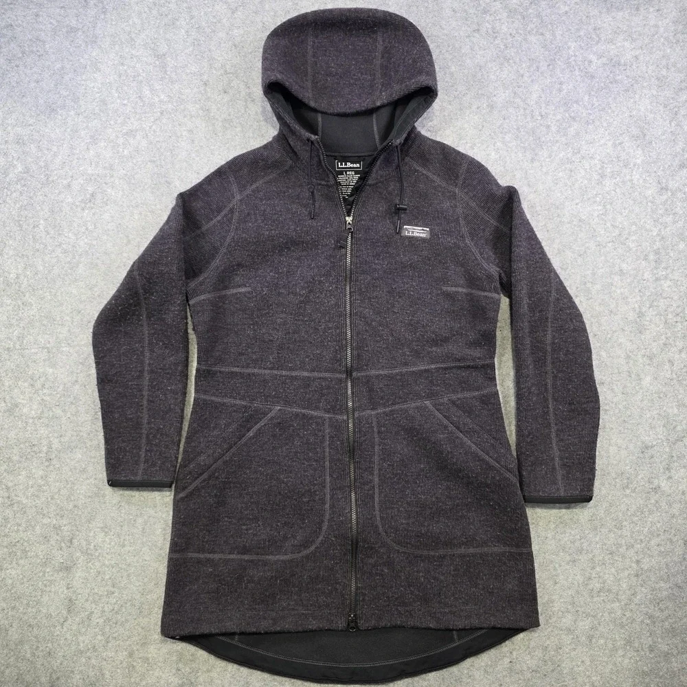 L.L.Bean Wooltek Coat Womens L Gray Wool Blend Fleece Hooded Full Zip Mid Length